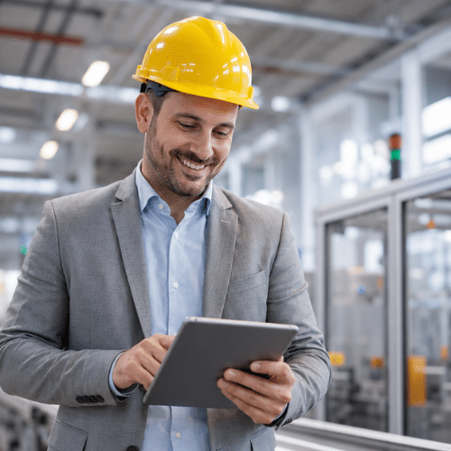 Production manager using a tablet to resolve manufacturing challenges
